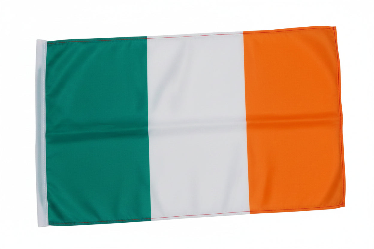 Flag with green, white, and orange horizontal stripes on a white background