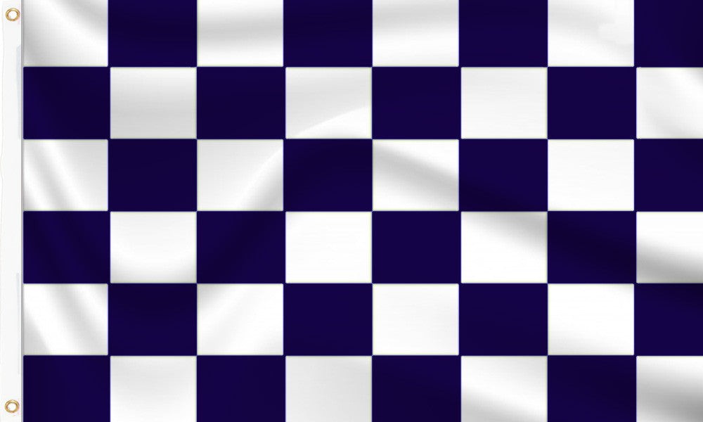 Buy navy blue and white chequered flags online. Premium polyester for indoor or outdoor use.