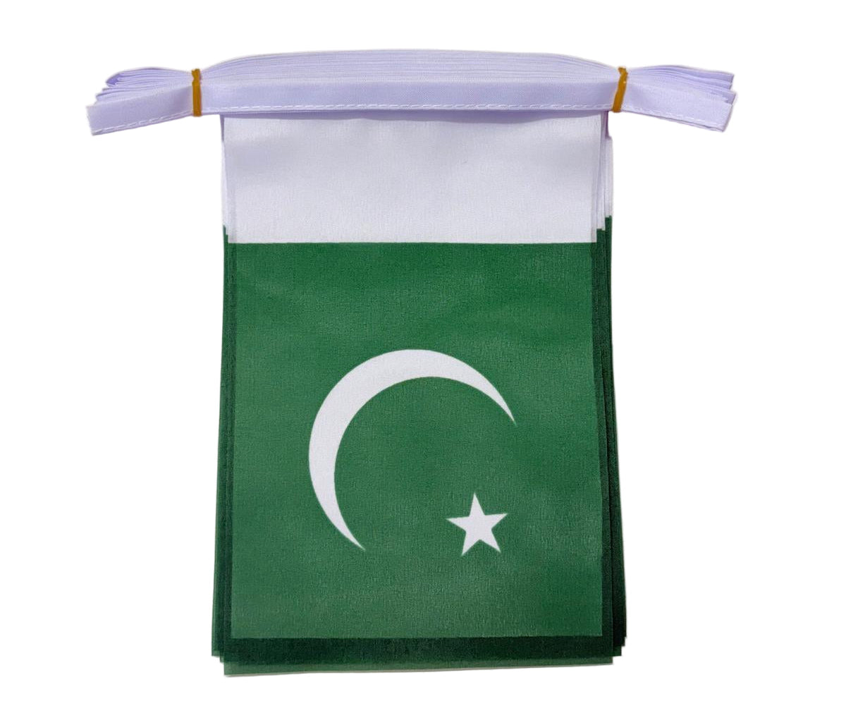 Pakistan flag bunting green and white flag with a crescent and star symbol on a white line