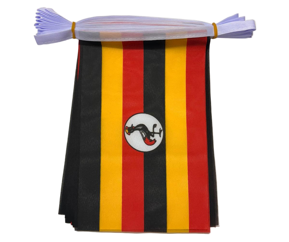 Uganda flag bunting with black, yellow, and red stripes featuring a circular emblem