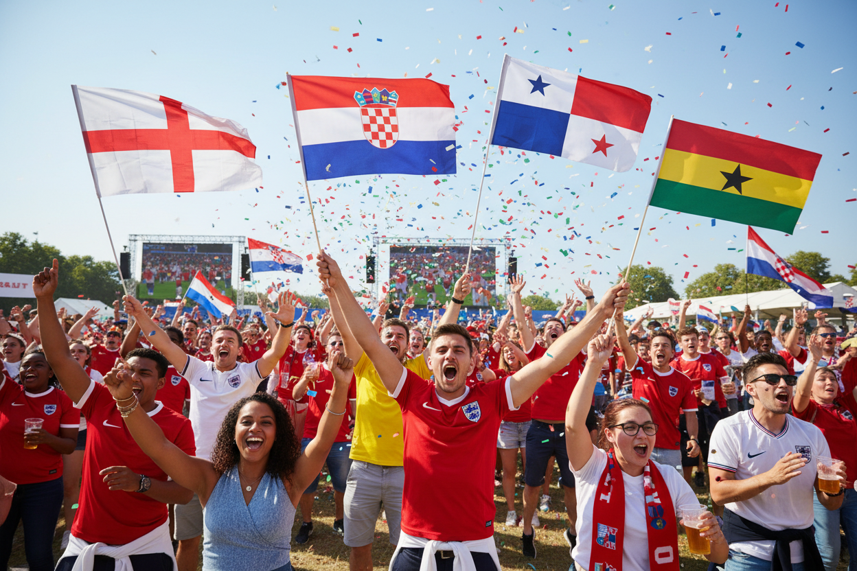 People celebrating with flags of various countries, including England, Croatia, Panama, and Ghana, against a clear blue sky.