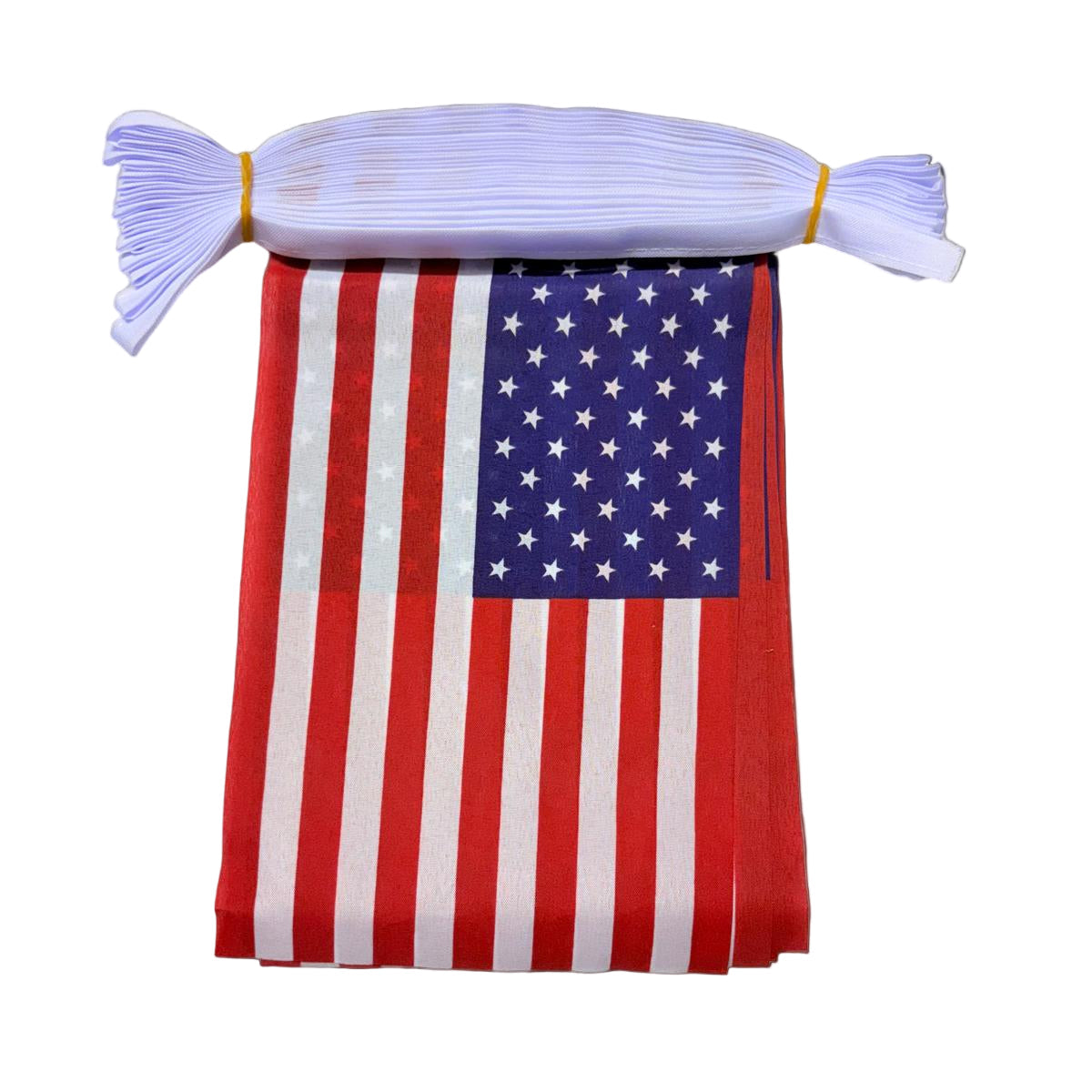American flag with a white rope handle on a white background