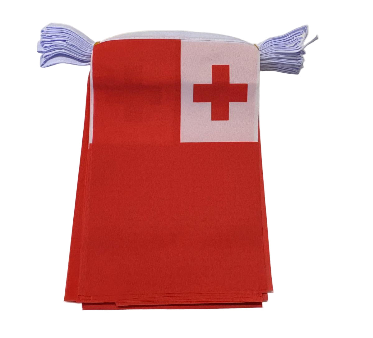 Small red flag with red cross, attached to white string