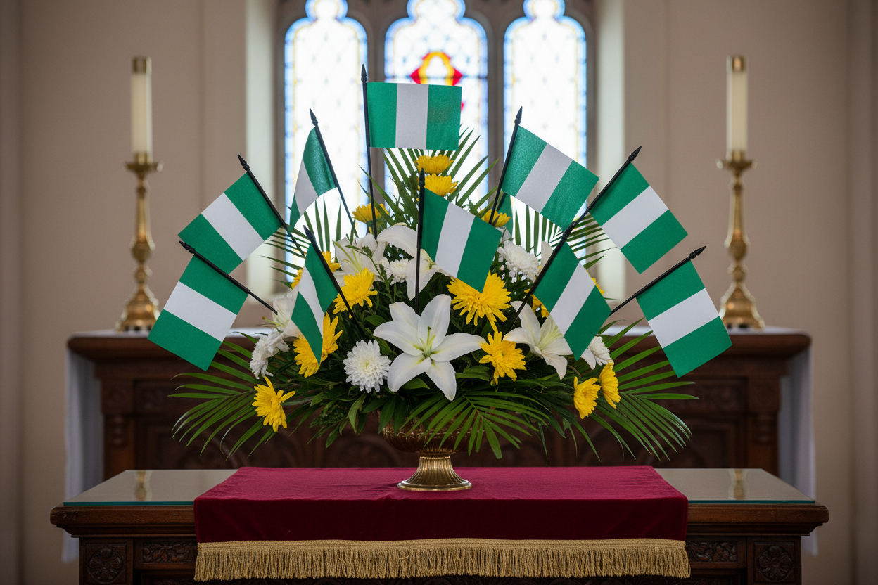 can you please create an image of small nigeria flags on black plastic sticks with small points on the top (like our nigeria desk flag) in a flower display on an altar?