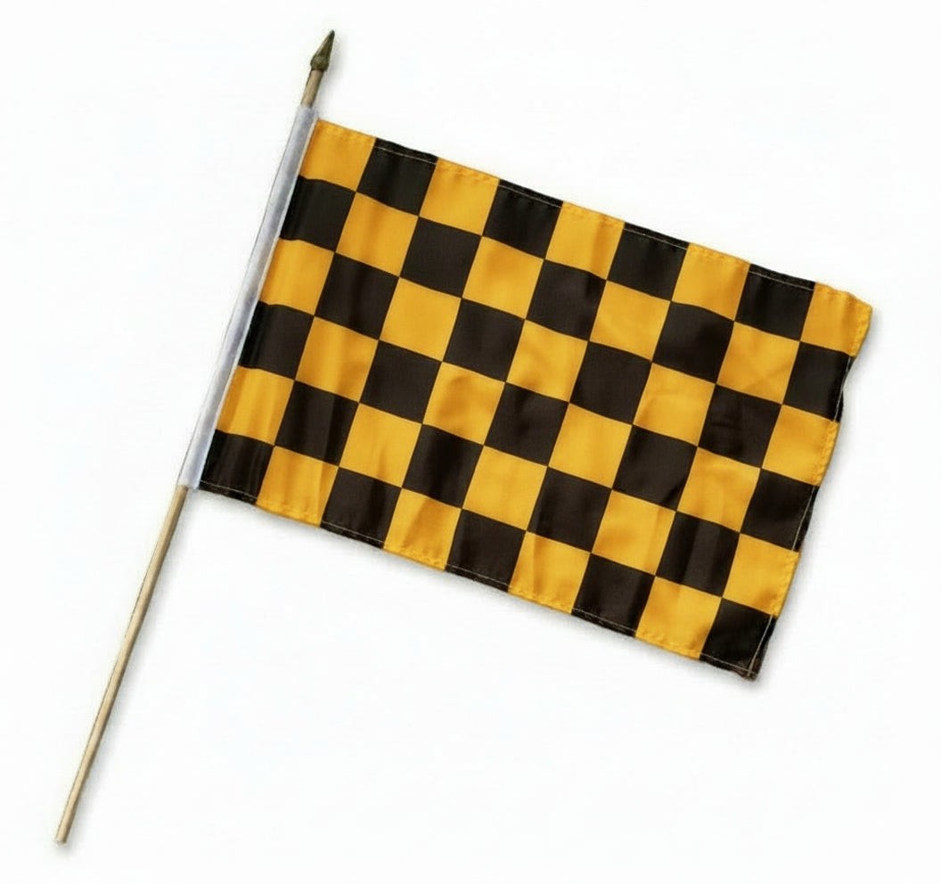 Buy black gold chequered waving flag online. Premium polyester for indoor or outdoor use.