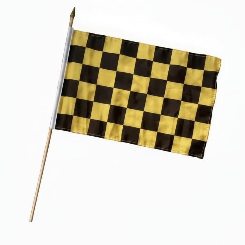 Buy black yellow chequered waving flag online. Premium polyester for indoor or outdoor use.