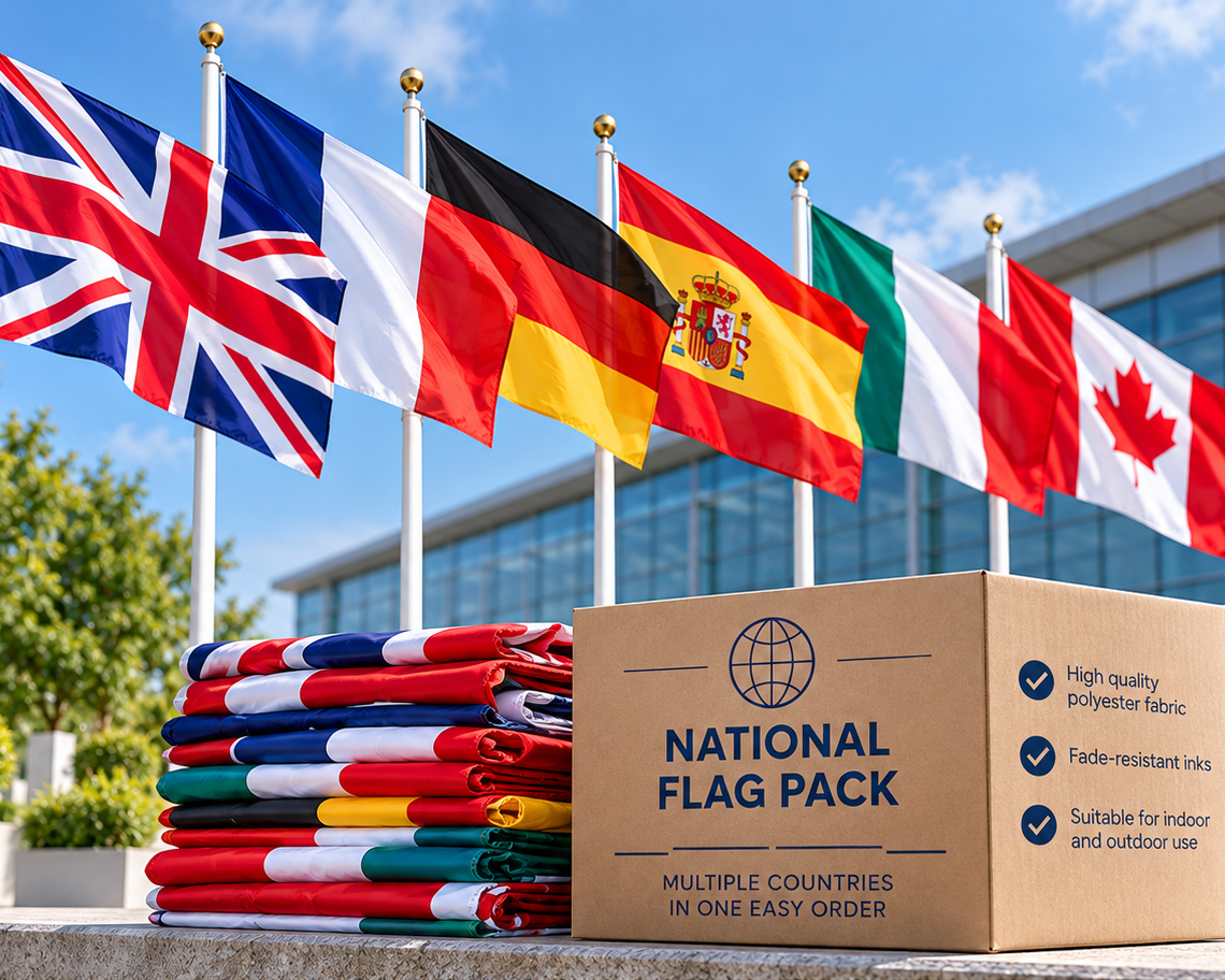 A cardboard box labeled 'National Flag Pack' sits on a stone ledge beside a stack of folded multicolored flags, with several national flags flying on poles in front of a modern building. Text at the bottom reads 'Flag Packs' and 'Multiple countries in one easy order.