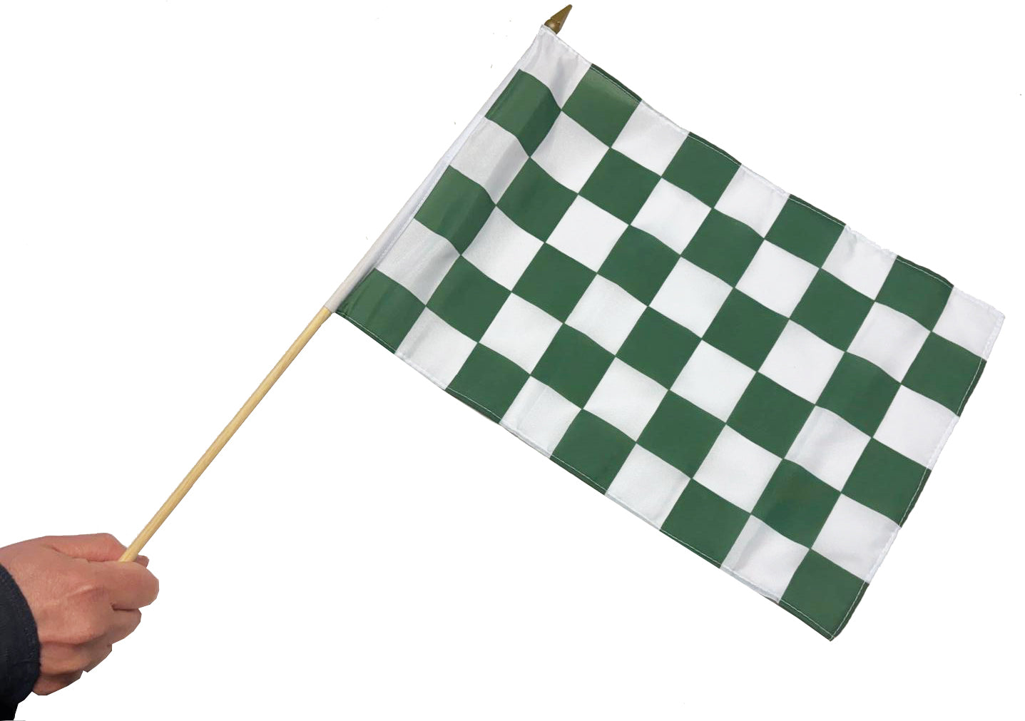 Green and white checkered flag held by a hand on a white background