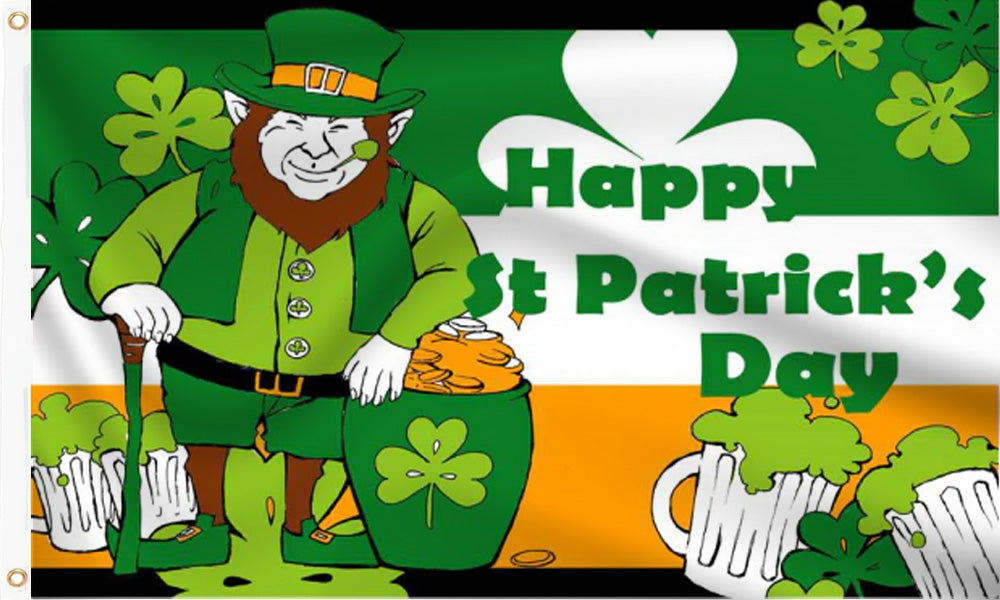 Buy happy st patricks day flag leprechaun online. Premium polyester for indoor or outdoor use.
