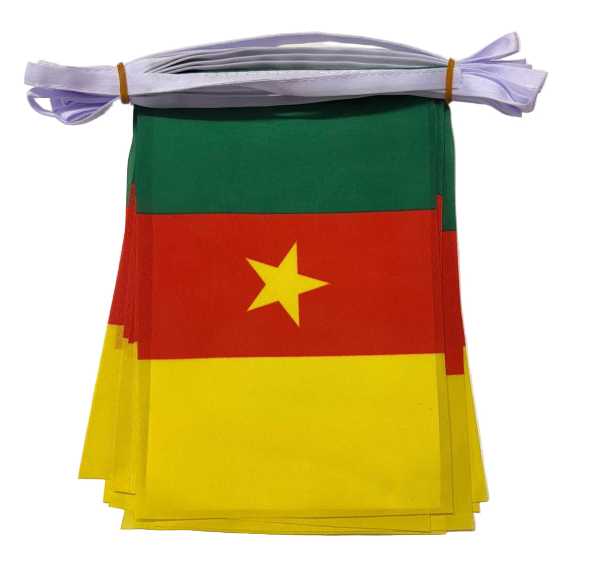 Cameroon flags with a yellow star on a red and green on a white string