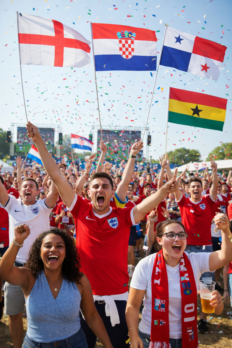People celebrating with flags of various countries, including England, Croatia, Panama, and Ghana, under a clear blue sky.