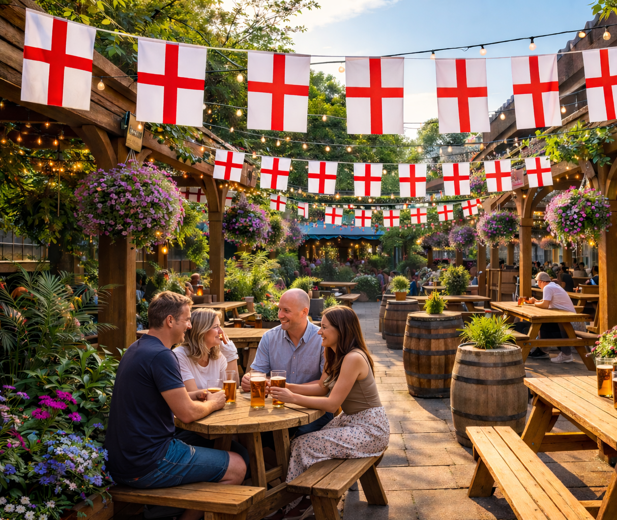 People enjoying drinks at an outdoor pub with English flag decorations.