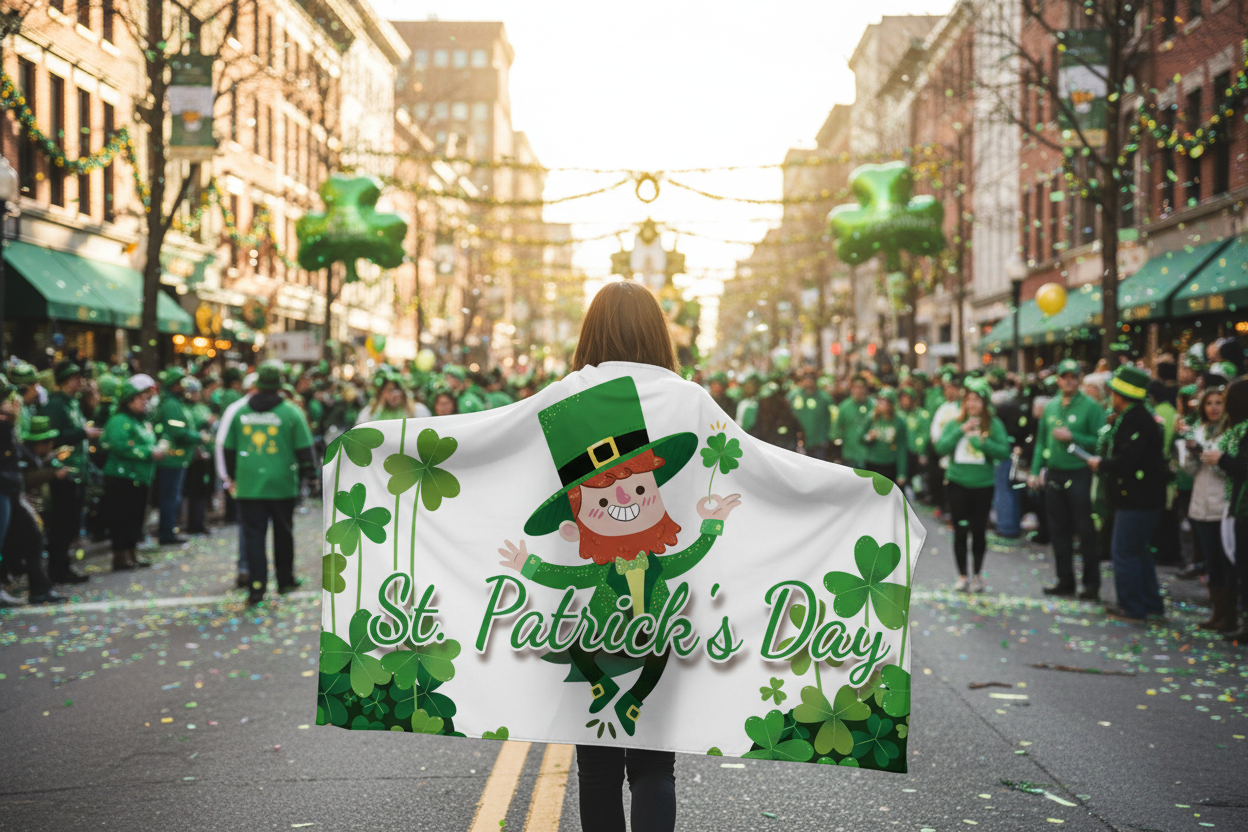 Person holding a St. Patrick's Day flag in a parade with green balloons and people in the background.