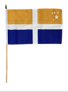 Flag with a white cross on a blueand yellow background