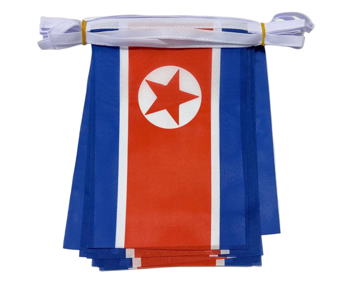 North Korean flag bunting with a red star on a white string