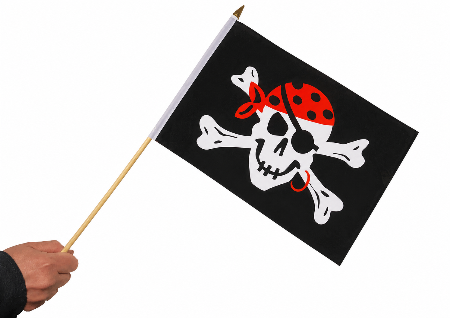 Pirate flag with skull and crossbones design held by a hand on a white background