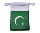 Pakistan flag bunting green and white flag with a crescent and star symbol on a white line 