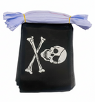 Black cloth with skull and crossbones design, tied with blue ribbons on a white background