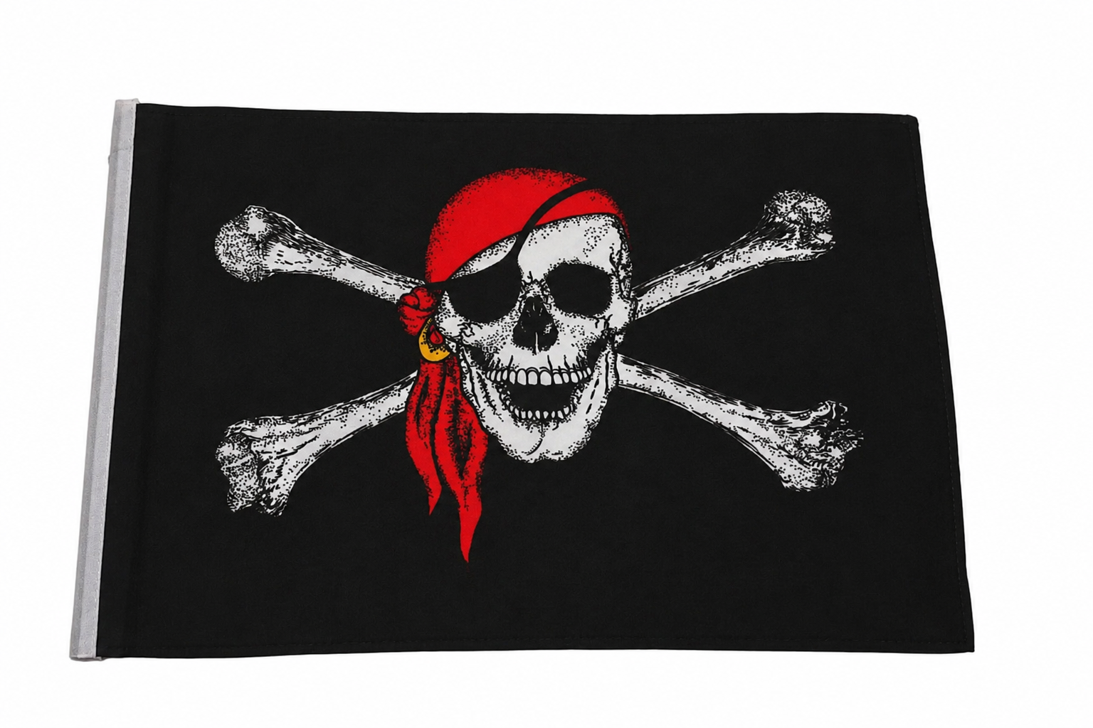 Pirate flag with skull and crossbones design on a black background