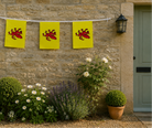 Somerset Bunting Three yellow flags with red symbols hanging on a stone wall next to a door.