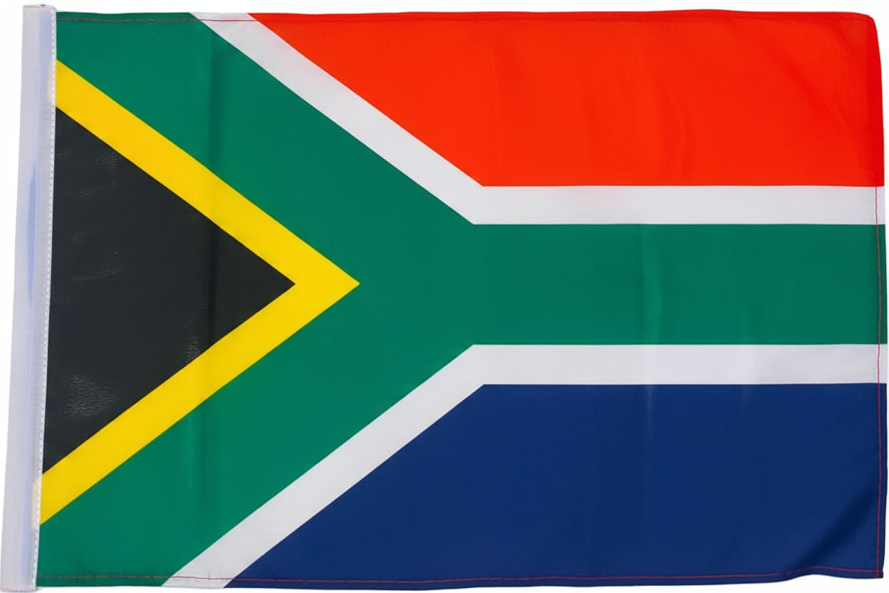 South African flag with red, green, yellow, black, and blue colors on a white background
