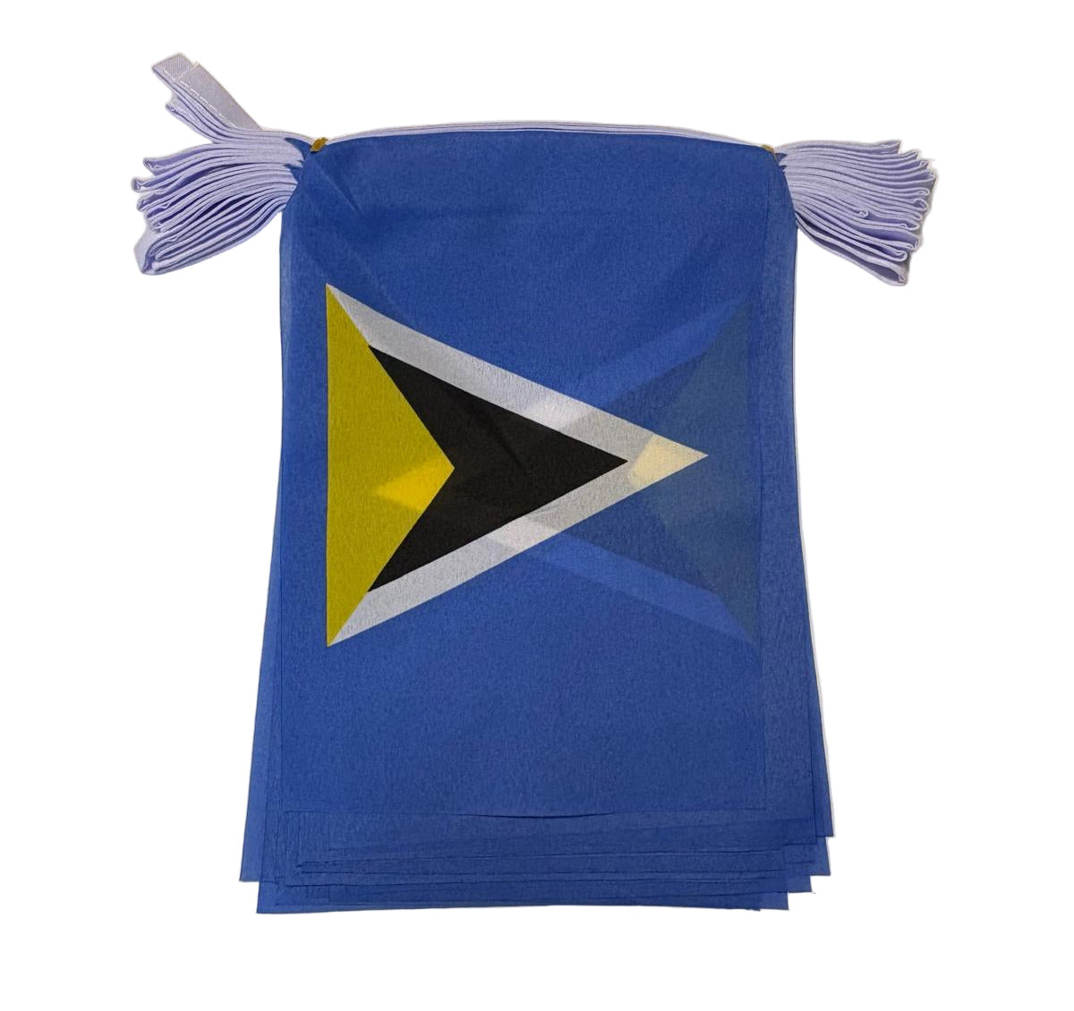 Small blue flag with a yellow and black triangle design on a white sting