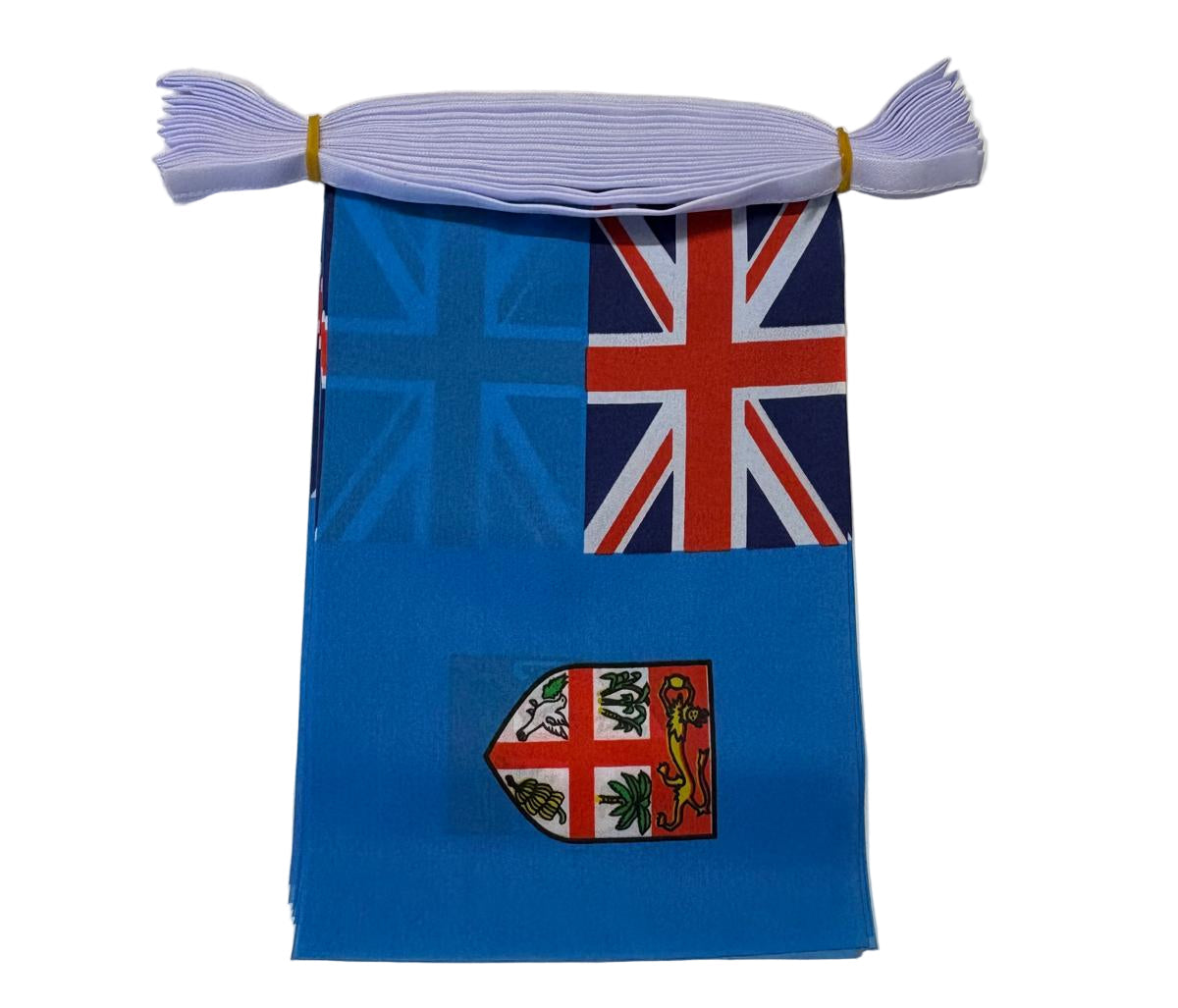 Small blue flag with Union Jack and coat of arms on a white string