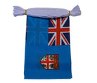 Small blue flag with Union Jack and coat of arms on a white string
