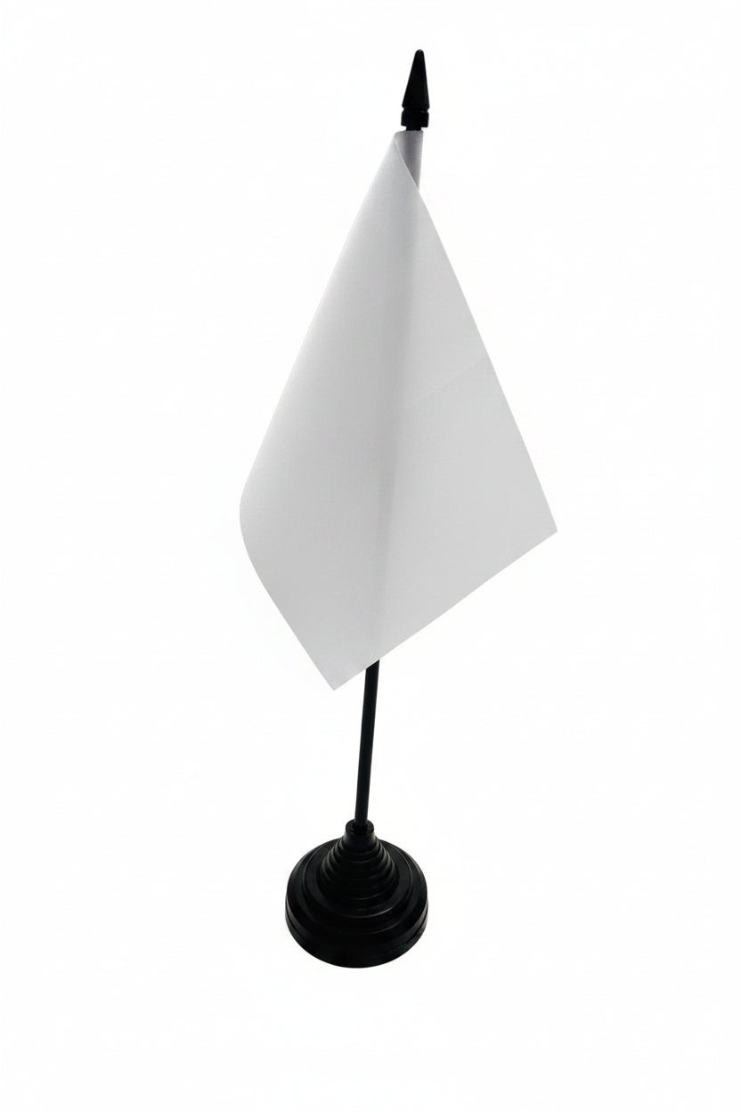 White flag on a black stand against a white background