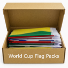 Box of World Cup flag packs with flags inside