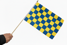 Hand holding a blue and yellow checkered flag against a white background