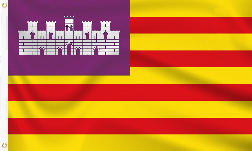Flag with a purple and yellow design featuring a castle emblem