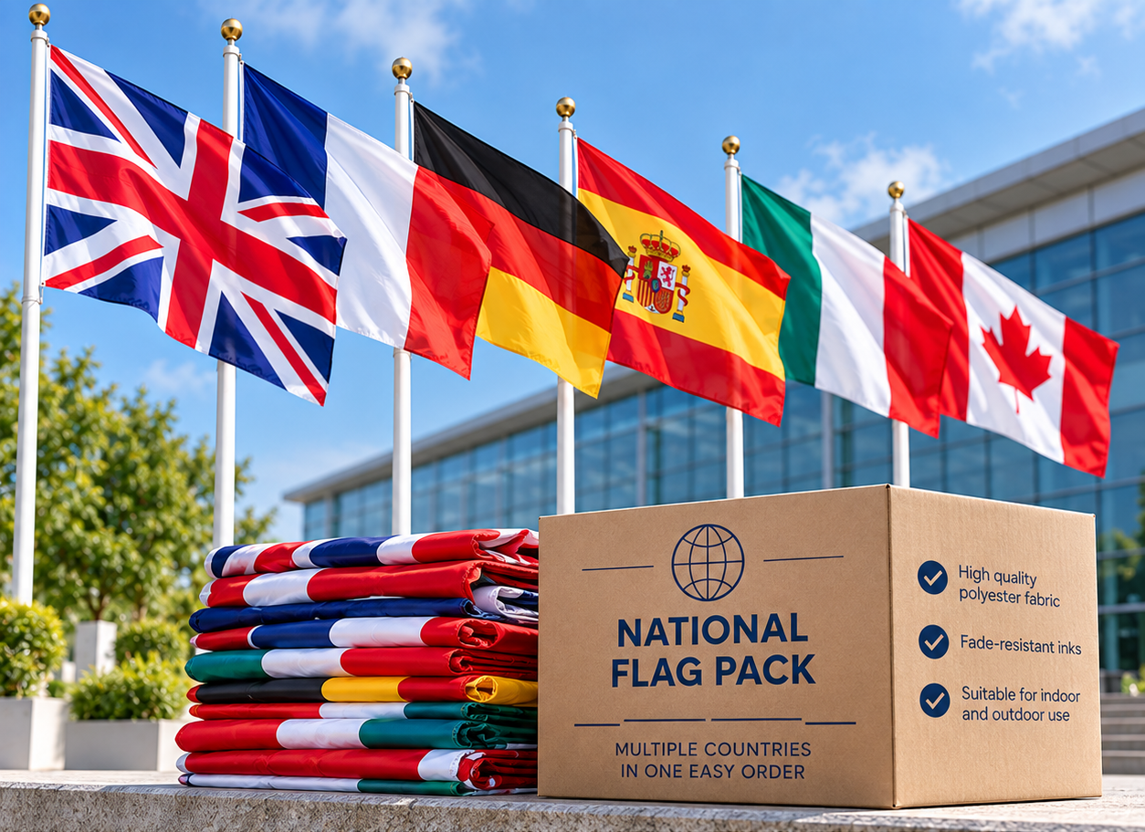 A cardboard box labeled 'National Flag Pack' sits on a stone ledge beside a stack of folded multicolored flags, with several national flags flying on poles in front of a modern building. Text at the bottom reads 'Flag Packs' and 'Multiple countries in one easy order.