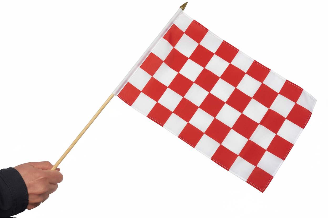 Red and white checkered flag held by a hand on a white background