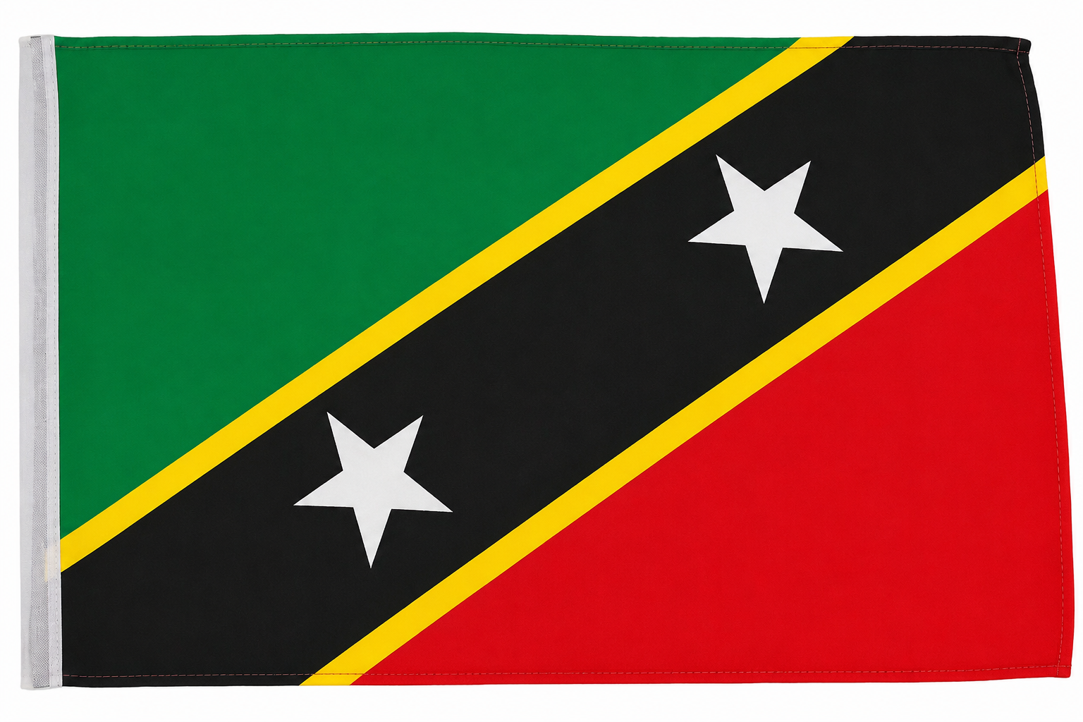 Flag with green, black, red diagonal stripes and white stars on a white background